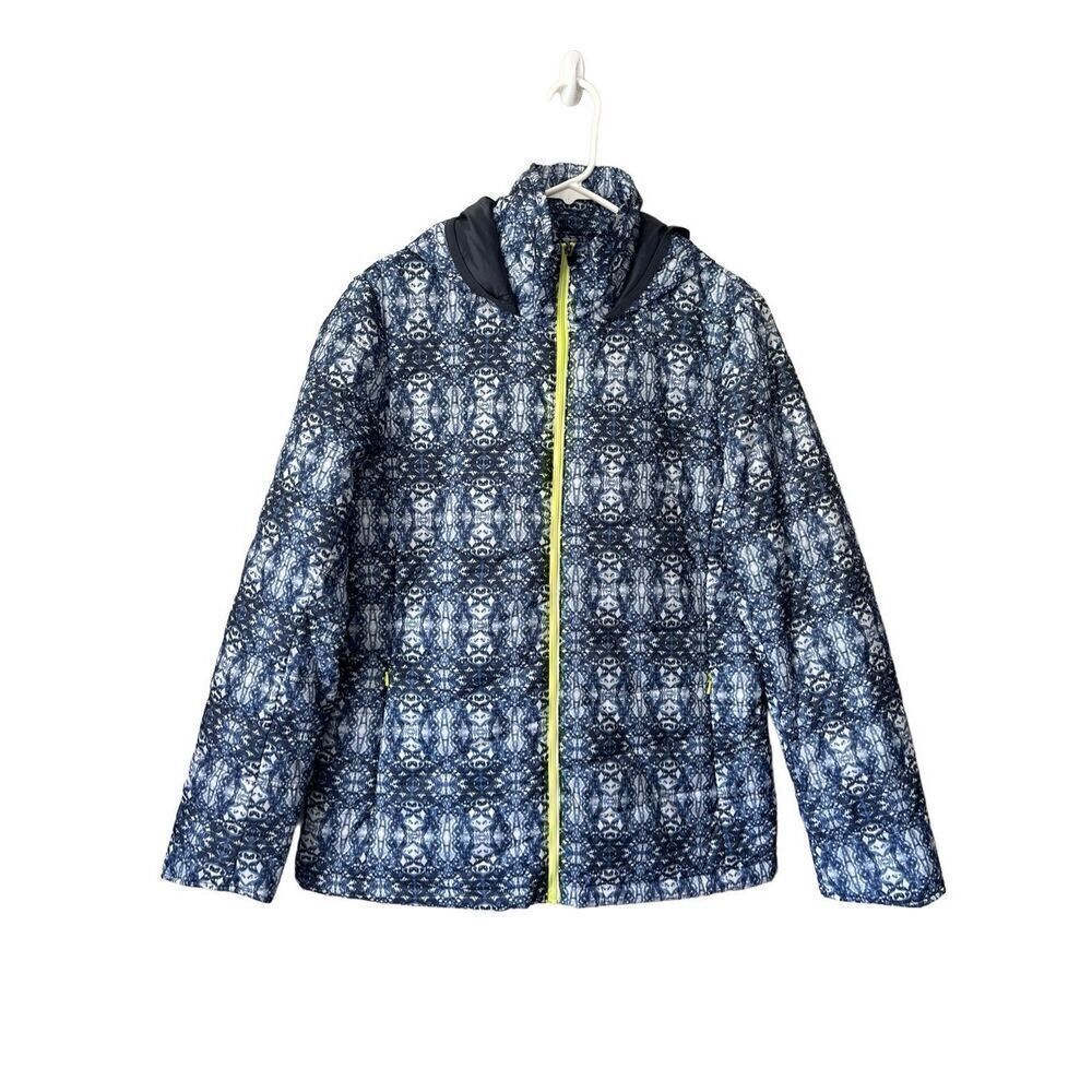 Title Nine Women's Puffer Hooded Lightweight Jacket Coat Size L Blue Pattern